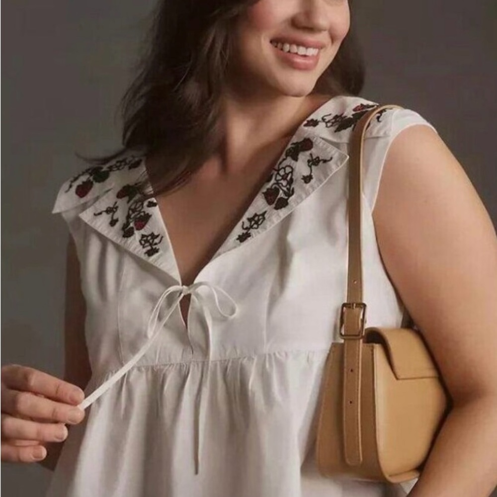 Maeve White Embroidered V-Neck Peasant Top
